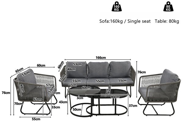 Space-Saving Outdoor Garden Lounge Set with Glass Coffee Table, Adjustable Foot Pads, Garden Settee Set for Patio, Porch, Backyard, Grey Aosom.UK