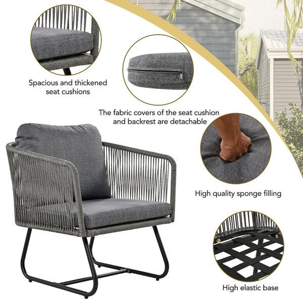 Space-Saving Outdoor Garden Lounge Set with Glass Coffee Table, Adjustable Foot Pads, Garden Settee Set for Patio, Porch, Backyard, Grey Aosom.UK