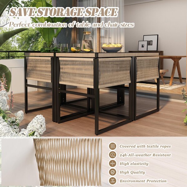 5-Piece Garden Dining Set with Hand-Woven Rope Chairs, Modern Garden Furniture Set for Balcony, 110L x 110W x 74H cm, Beige+Black Aosom UK