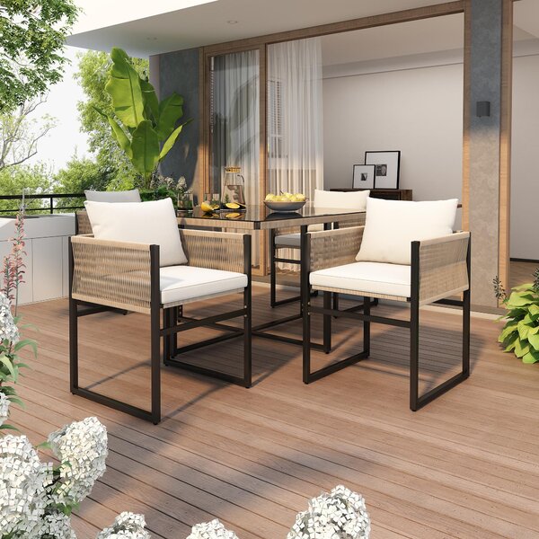 5-Piece Garden Dining Set with Hand-Woven Rope Chairs, Modern Garden Furniture Set for Balcony, 110L x 110W x 74H cm, Beige+Black Aosom UK