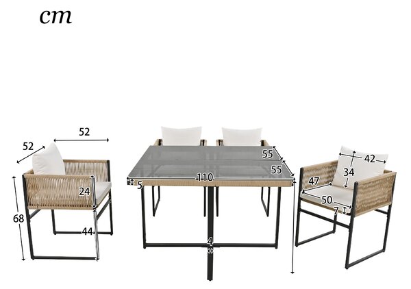 5-Piece Garden Dining Set with Hand-Woven Rope Chairs, Modern Garden Furniture Set for Balcony, 110L x 110W x 74H cm, Beige+Black Aosom UK
