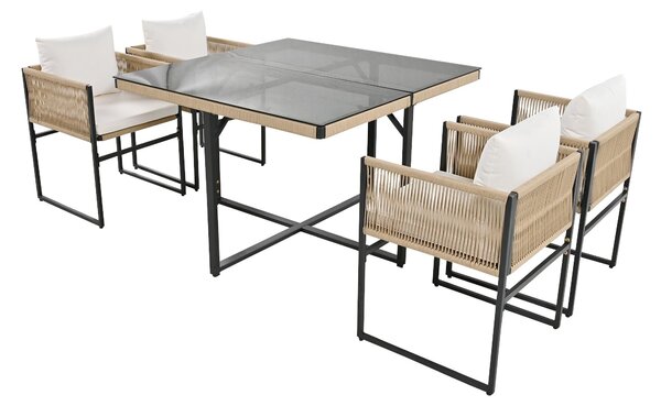 5-Piece Garden Dining Set with Hand-Woven Rope Chairs, Modern Garden Furniture Set for Balcony, 110L x 110W x 74H cm, Beige+Black Aosom UK
