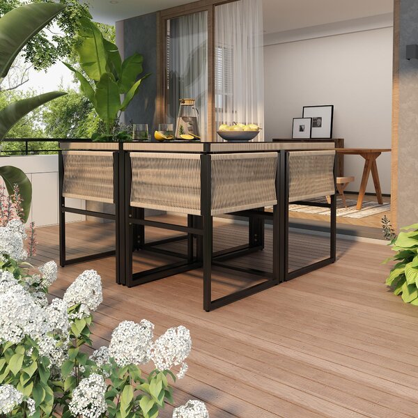 5-Piece Garden Dining Set with Hand-Woven Rope Chairs, Modern Garden Furniture Set for Balcony, 110L x 110W x 74H cm, Beige+Black Aosom UK