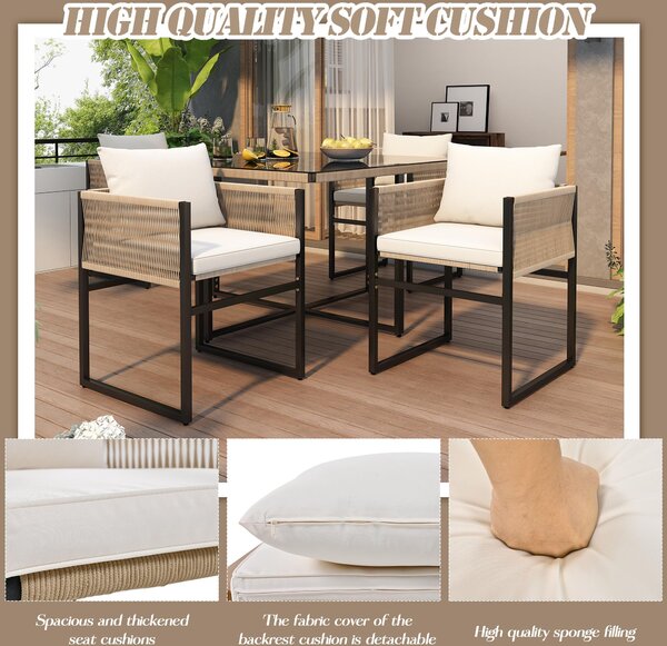 5-Piece Garden Dining Set with Hand-Woven Rope Chairs, Modern Garden Furniture Set for Balcony, 110L x 110W x 74H cm, Beige+Black Aosom UK