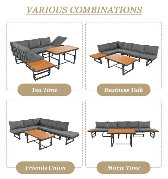 Garden Lounge Sofa Set with 2 Sofas, Adjustable Wood Table, Iron Frame, Corner Couch with Cushions and Pillows, 250L x 186W x 76H cm, Grey Aosom.UK