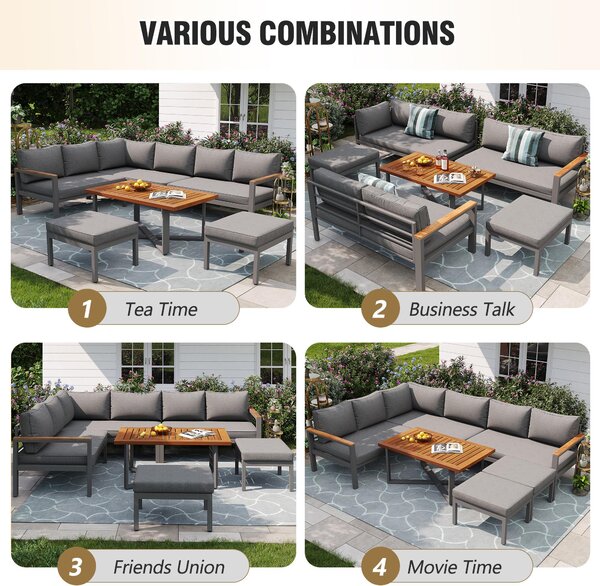 Space-Saving L-Shaped Sofa with Wooden Coffee Table, Stool Table Boxes, Outdoor Garden Lounge Set for 8 People, 115L x 60W x 78.5H cm, Grey Aosom.UK