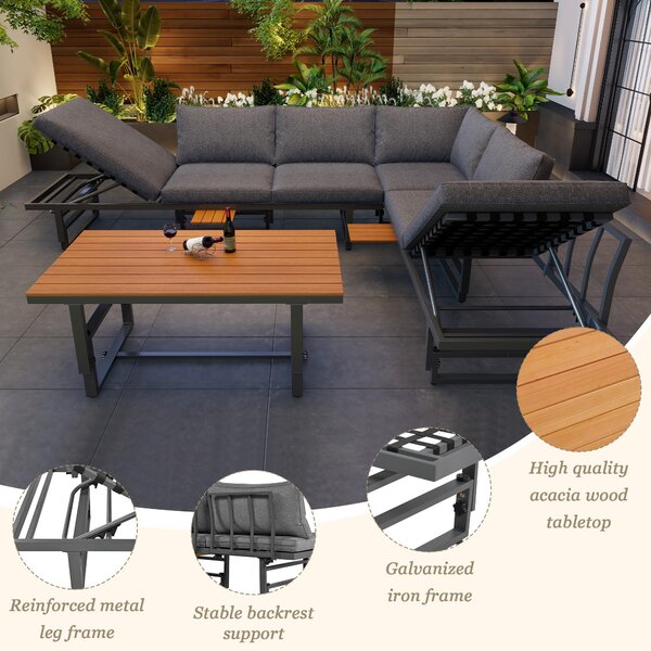Garden Lounge Sofa Set with 2 Sofas, Adjustable Wood Table, Iron Frame, Corner Couch with Cushions and Pillows, 250L x 186W x 76H cm, Grey Aosom.UK