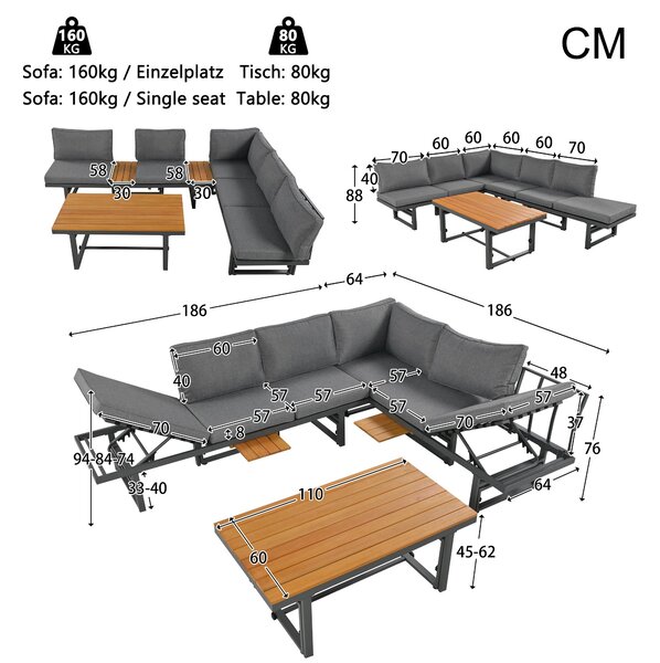 Garden Lounge Sofa Set with 2 Sofas, Adjustable Wood Table, Iron Frame, Corner Couch with Cushions and Pillows, 250L x 186W x 76H cm, Grey Aosom.UK
