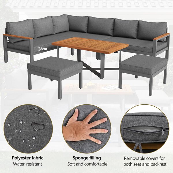 Space-Saving L-Shaped Sofa with Wooden Coffee Table, Stool Table Boxes, Outdoor Garden Lounge Set for 8 People, 115L x 60W x 78.5H cm, Grey Aosom.UK