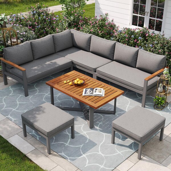 Space-Saving L-Shaped Sofa with Wooden Coffee Table, Stool Table Boxes, Outdoor Garden Lounge Set for 8 People, 115L x 60W x 78.5H cm, Grey Aosom.UK