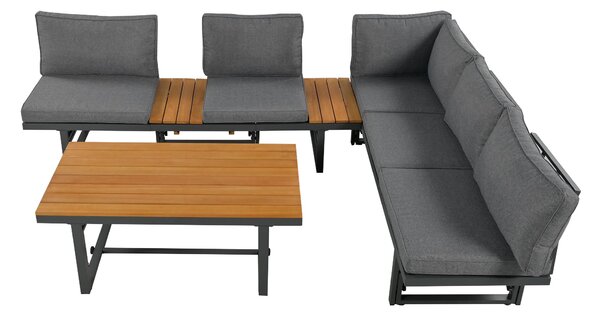 Garden Lounge Sofa Set with 2 Sofas, Adjustable Wood Table, Iron Frame, Corner Couch with Cushions and Pillows, 250L x 186W x 76H cm, Grey Aosom.UK