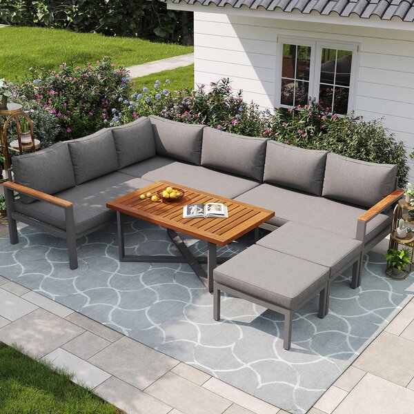Space-Saving L-Shaped Sofa with Wooden Coffee Table, Stool Table Boxes, Outdoor Garden Lounge Set for 8 People, 115L x 60W x 78.5H cm, Grey Aosom.UK