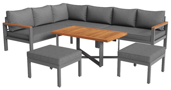 Space-Saving L-Shaped Sofa with Wooden Coffee Table, Stool Table Boxes, Outdoor Garden Lounge Set for 8 People, 115L x 60W x 78.5H cm, Grey Aosom.UK