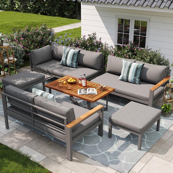 Space-Saving L-Shaped Sofa with Wooden Coffee Table, Stool Table Boxes, Outdoor Garden Lounge Set for 8 People, 115L x 60W x 78.5H cm, Grey Aosom.UK
