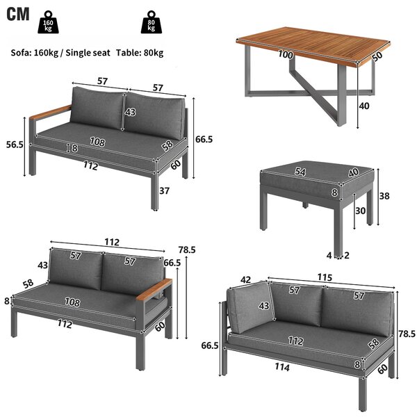 Space-Saving L-Shaped Sofa with Wooden Coffee Table, Stool Table Boxes, Outdoor Garden Lounge Set for 8 People, 115L x 60W x 78.5H cm, Grey Aosom.UK