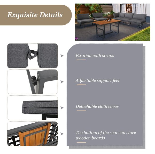 Garden Lounge Sofa Set with 2 Sofas, Adjustable Wood Table, Iron Frame, Corner Couch with Cushions and Pillows, 250L x 186W x 76H cm, Grey Aosom.UK