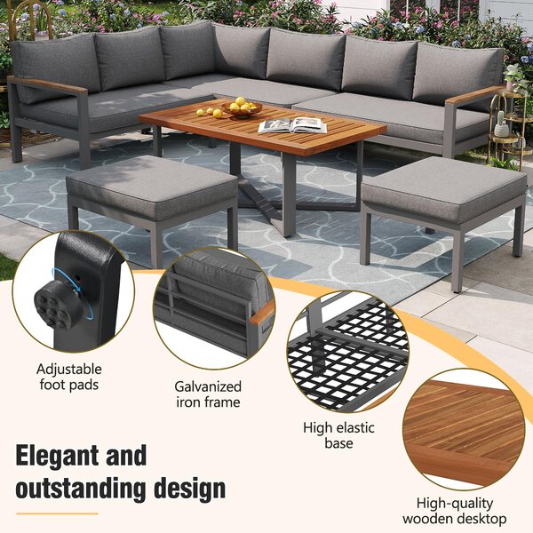 Space-Saving L-Shaped Sofa with Wooden Coffee Table, Stool Table Boxes, Outdoor Garden Lounge Set for 8 People, 115L x 60W x 78.5H cm, Grey Aosom.UK