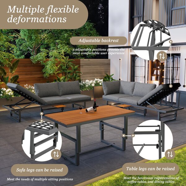 Garden Lounge Sofa Set with 2 Sofas, Adjustable Wood Table, Iron Frame, Corner Couch with Cushions and Pillows, 250L x 186W x 76H cm, Grey Aosom.UK