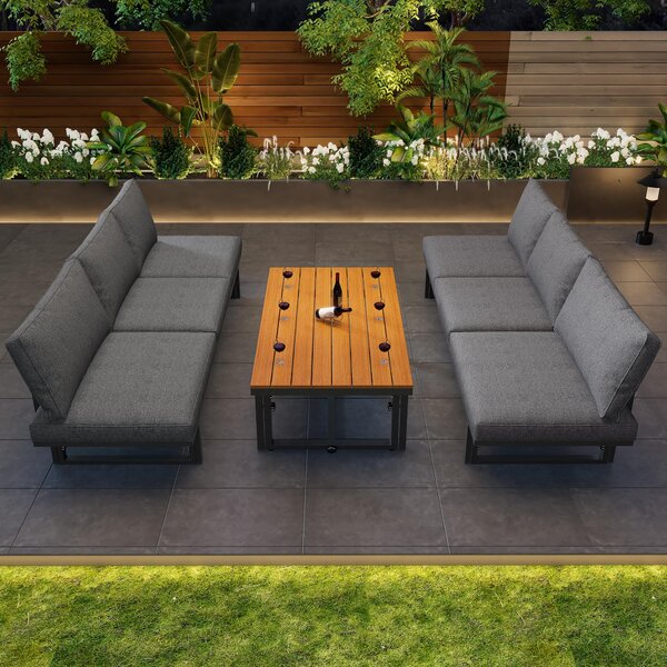 Garden Lounge Sofa Set with 2 Sofas, Adjustable Wood Table, Iron Frame, Corner Couch with Cushions and Pillows, 250L x 186W x 76H cm, Grey Aosom.UK