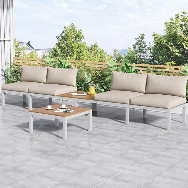 Elegant Outdoor Garden Couch Set with Wooden Table, Thick Cushions, L-Shaped Outdoor Corner Sofa for 4 People, 145L x 60W x 80H cm, Beige Aosom.UK
