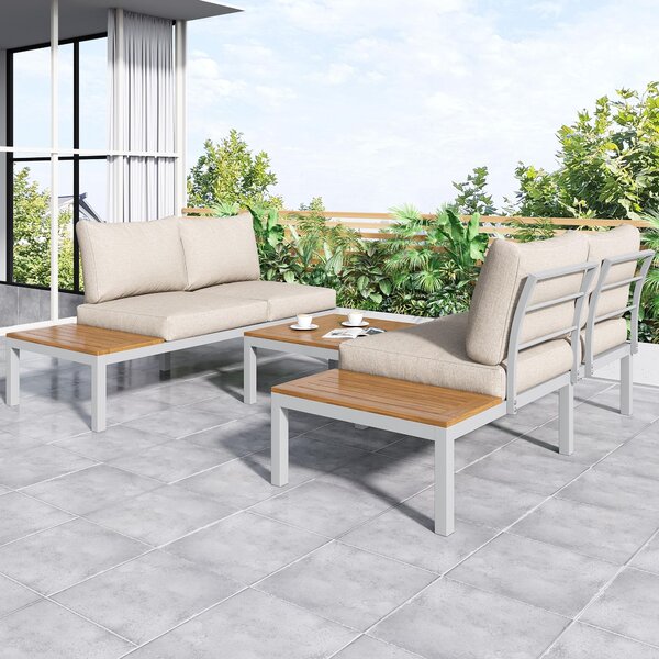Elegant Outdoor Garden Couch Set with Wooden Table, Thick Cushions, L-Shaped Outdoor Corner Sofa for 4 People, 145L x 60W x 80H cm, Beige Aosom.UK