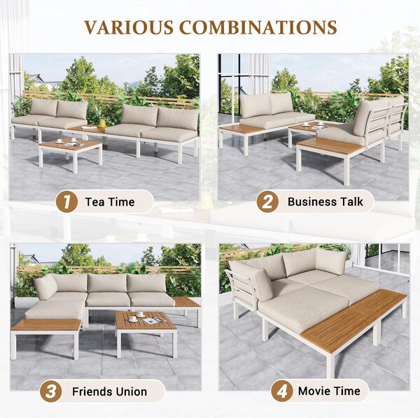 Elegant Outdoor Garden Couch Set with Wooden Table, Thick Cushions, L-Shaped Outdoor Corner Sofa for 4 People, 145L x 60W x 80H cm, Beige Aosom.UK