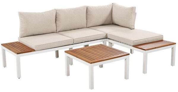 Elegant Outdoor Garden Couch Set with Wooden Table, Thick Cushions, L-Shaped Outdoor Corner Sofa for 4 People, 145L x 60W x 80H cm, Beige Aosom.UK