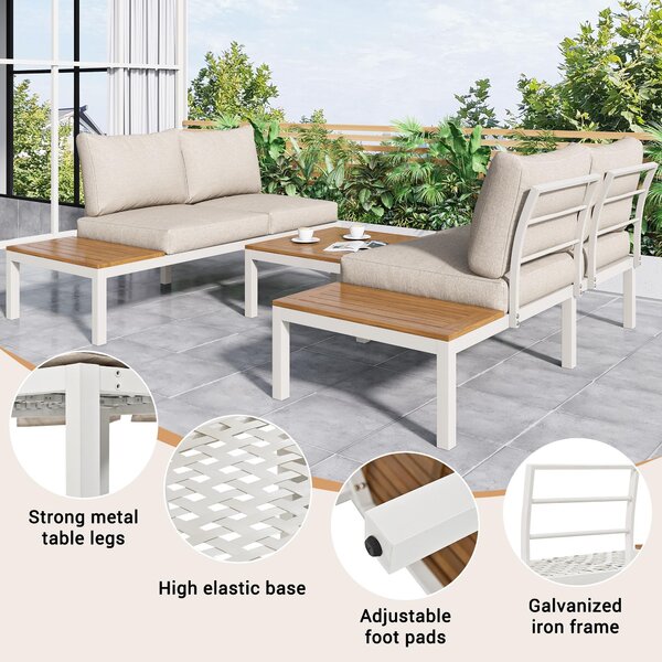 Elegant Outdoor Garden Couch Set with Wooden Table, Thick Cushions, L-Shaped Outdoor Corner Sofa for 4 People, 145L x 60W x 80H cm, Beige Aosom.UK