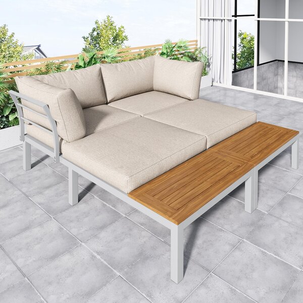 Elegant Outdoor Garden Couch Set with Wooden Table, Thick Cushions, L-Shaped Outdoor Corner Sofa for 4 People, 145L x 60W x 80H cm, Beige Aosom.UK