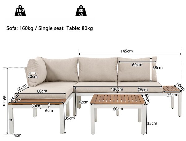 Elegant Outdoor Garden Couch Set with Wooden Table, Thick Cushions, L-Shaped Outdoor Corner Sofa for 4 People, 145L x 60W x 80H cm, Beige Aosom.UK