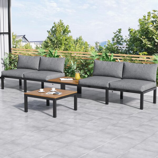 Space-Saving L-Shaped Corner Sofa with Wooden Table, Iron Frame, Modern Outdoor Garden Lounge Set for 4 People, 145L x 60W x 80H cm, Grey Aosom.UK