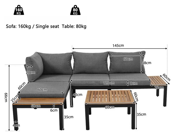 Space-Saving L-Shaped Corner Sofa with Wooden Table, Iron Frame, Modern Outdoor Garden Lounge Set for 4 People, 145L x 60W x 80H cm, Grey Aosom.UK