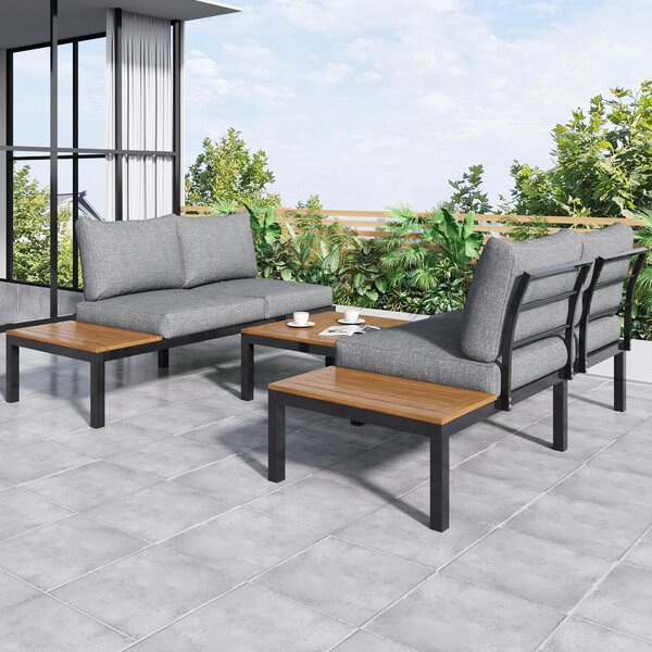 Space-Saving L-Shaped Corner Sofa with Wooden Table, Iron Frame, Modern Outdoor Garden Lounge Set for 4 People, 145L x 60W x 80H cm, Grey Aosom.UK