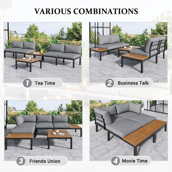 Space-Saving L-Shaped Corner Sofa with Wooden Table, Iron Frame, Modern Outdoor Garden Lounge Set for 4 People, 145L x 60W x 80H cm, Grey Aosom.UK