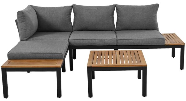 Space-Saving L-Shaped Corner Sofa with Wooden Table, Iron Frame, Modern Outdoor Garden Lounge Set for 4 People, 145L x 60W x 80H cm, Grey Aosom.UK