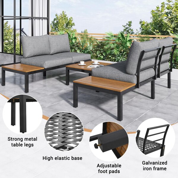 Space-Saving L-Shaped Corner Sofa with Wooden Table, Iron Frame, Modern Outdoor Garden Lounge Set for 4 People, 145L x 60W x 80H cm, Grey Aosom.UK