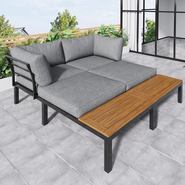 Space-Saving L-Shaped Corner Sofa with Wooden Table, Iron Frame, Modern Outdoor Garden Lounge Set for 4 People, 145L x 60W x 80H cm, Grey Aosom.UK