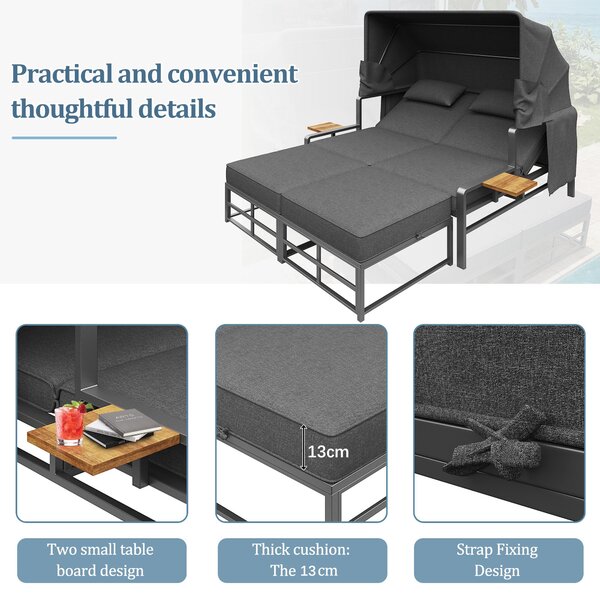 Convertible Garden Lounge Set with Double Reclining Lounger, Outdoor Rattan Sofa Set with Adjustable Backrest, 128L x 117W x 40H cm, Gray Aosom UK