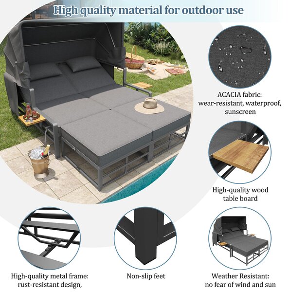 Convertible Garden Lounge Set with Double Reclining Lounger, Outdoor Rattan Sofa Set with Adjustable Backrest, 128L x 117W x 40H cm, Gray Aosom UK