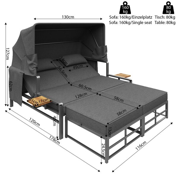 Convertible Garden Lounge Set with Double Reclining Lounger, Outdoor Rattan Sofa Set with Adjustable Backrest, 128L x 117W x 40H cm, Gray Aosom UK