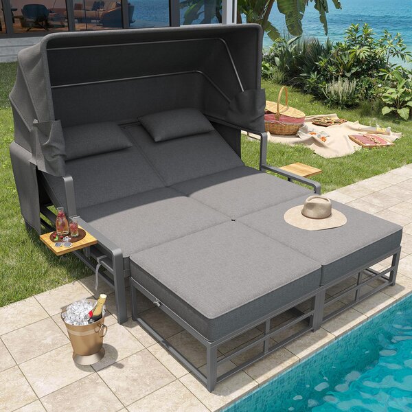 Convertible Garden Lounge Set with Double Reclining Lounger, Outdoor Rattan Sofa Set with Adjustable Backrest, 128L x 117W x 40H cm, Gray Aosom UK