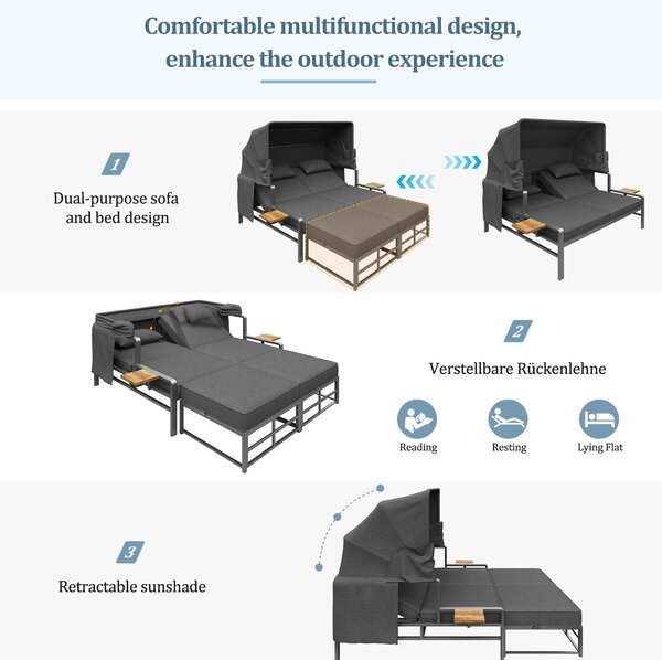 Convertible Garden Lounge Set with Double Reclining Lounger, Outdoor Rattan Sofa Set with Adjustable Backrest, 128L x 117W x 40H cm, Gray Aosom UK