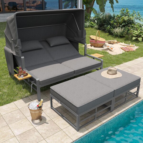 Convertible Garden Lounge Set with Double Reclining Lounger, Outdoor Rattan Sofa Set with Adjustable Backrest, 128L x 117W x 40H cm, Gray Aosom UK