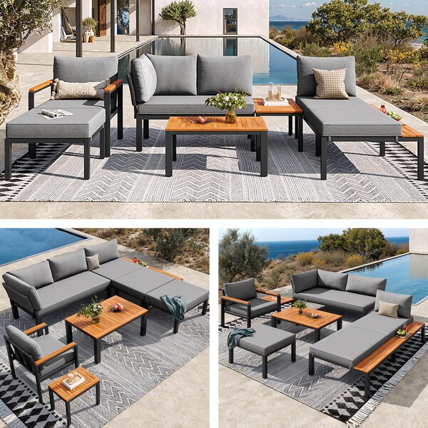 Modular Outdoor Garden Sofa Set with Aluminium Frame, Sturdy Lounge Set with Acacia Wood Coffee Table, 150L x 81.5W x 76H cm, Gray Aosom UK