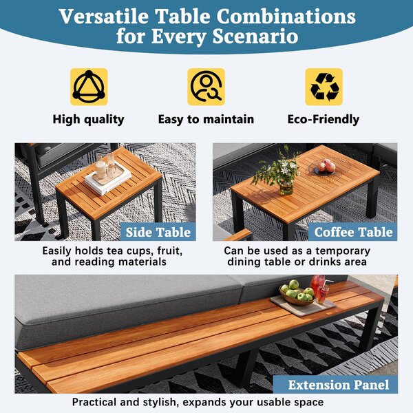 Modular Outdoor Garden Sofa Set with Aluminium Frame, Sturdy Lounge Set with Acacia Wood Coffee Table, 150L x 81.5W x 76H cm, Gray Aosom UK
