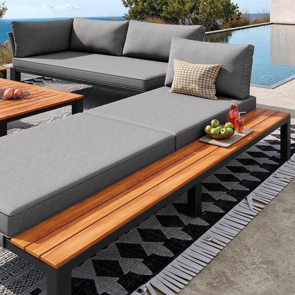 Modular Outdoor Garden Sofa Set with Aluminium Frame, Sturdy Lounge Set with Acacia Wood Coffee Table, 150L x 81.5W x 76H cm, Gray Aosom UK