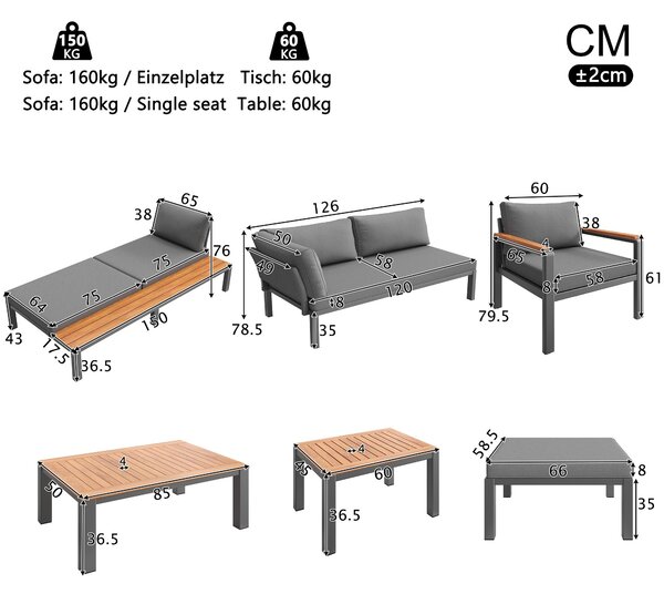 Modular Outdoor Garden Sofa Set with Aluminium Frame, Sturdy Lounge Set with Acacia Wood Coffee Table, 150L x 81.5W x 76H cm, Gray Aosom UK