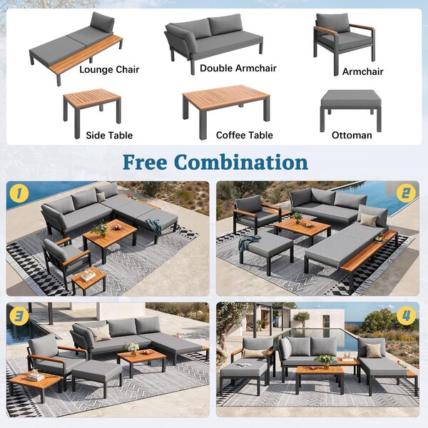 Modular Outdoor Garden Sofa Set with Aluminium Frame, Sturdy Lounge Set with Acacia Wood Coffee Table, 150L x 81.5W x 76H cm, Gray Aosom UK