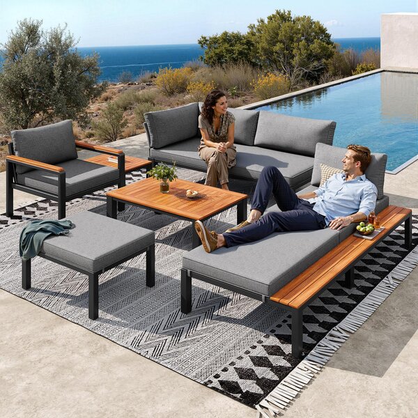 Modular Outdoor Garden Sofa Set with Aluminium Frame, Sturdy Lounge Set with Acacia Wood Coffee Table, 150L x 81.5W x 76H cm, Gray Aosom UK