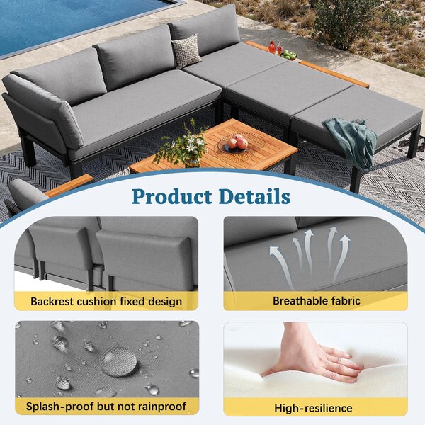 Modular Outdoor Garden Sofa Set with Aluminium Frame, Sturdy Lounge Set with Acacia Wood Coffee Table, 150L x 81.5W x 76H cm, Gray Aosom UK
